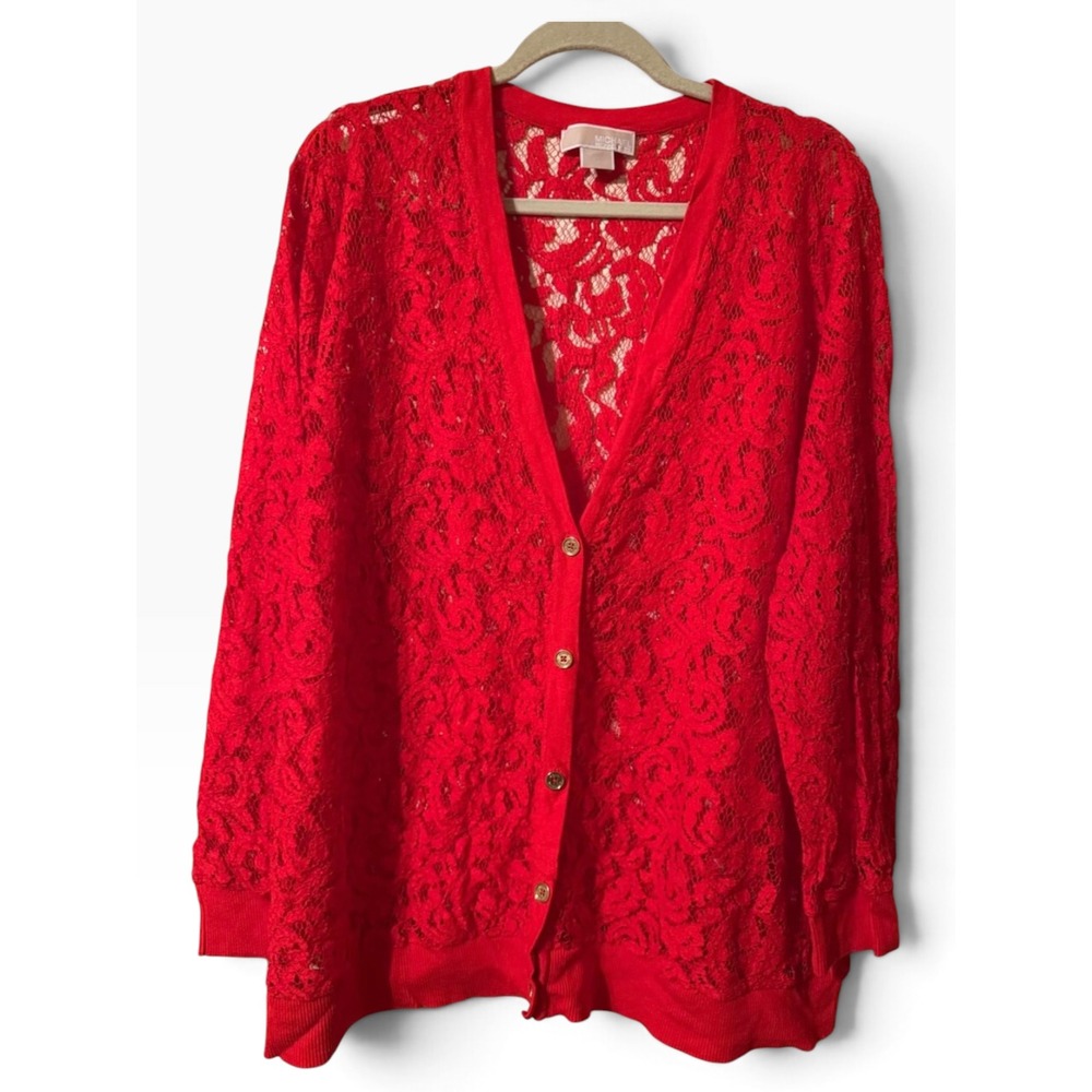 NWT Michael Michael Kors Grenadine Red Floral Lace Cardigan Sweater 3X $160
